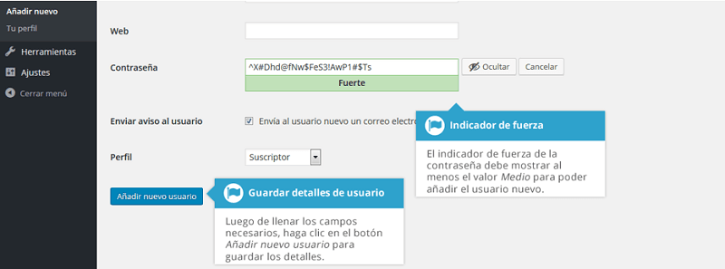 Contraseña de usuario en wordpress