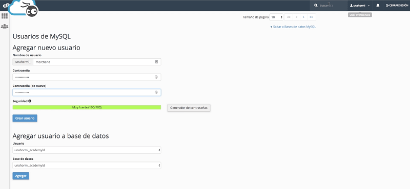 Instalar WordPress: crear usuario y contraseña