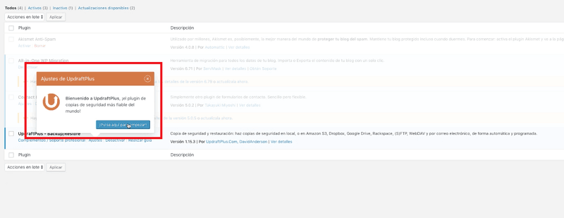 Actualizar WordPress: activar updraftplus